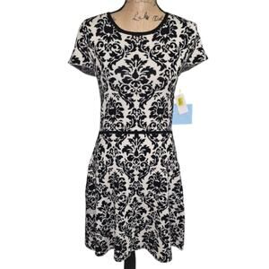 Cece Elegant Black and White Floral Short‎ Sleeve Sweater Dress Size Small New